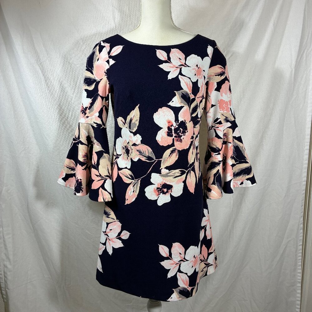 Eliza J Navy Floral Bell Sleeve Shift Dress Pink Cream‎ Size 6